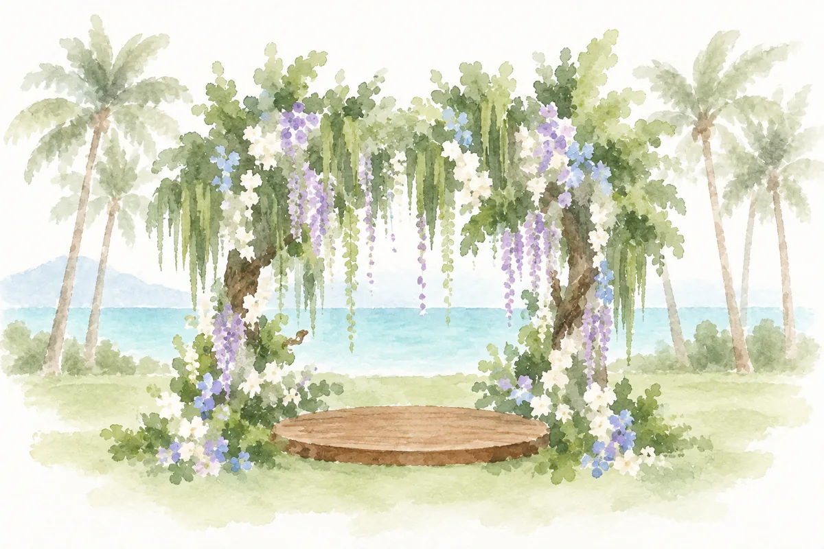 海边圆弧型婚礼仪式花门水彩插画