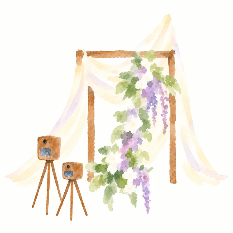 鲜花签到背景与复古相机水彩插画