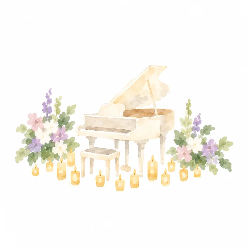 白色三角钢琴与烛光水彩插画